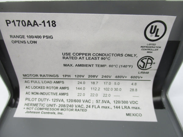 JOHNSON CONTROLS P170AA-118C 600V 4.8A 100-400PSI NSMP