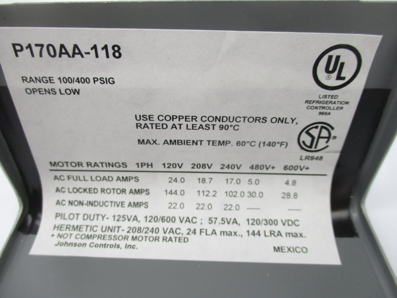 JOHNSON CONTROLS P170AA-118C 600V 4.8A 100-400PSI NSMP