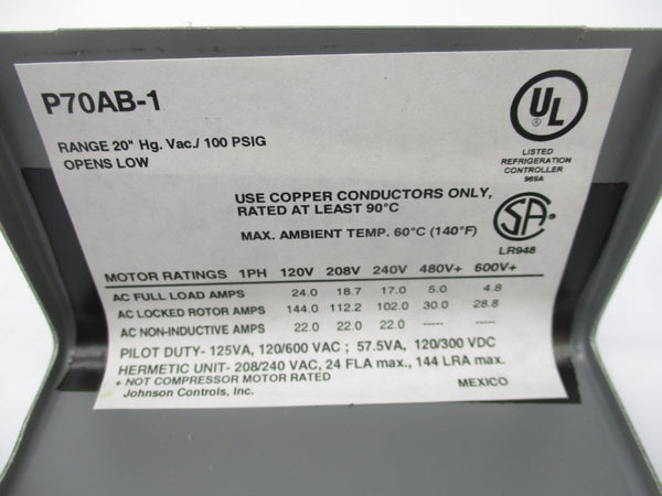 JOHNSON CONTROLS P70AB-1C 600V 4.8A 20-100PSI NSMP