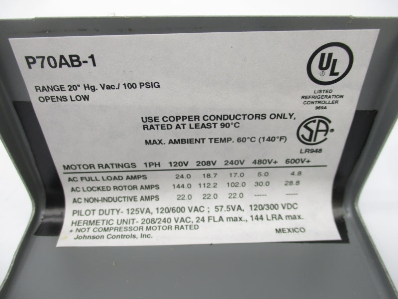 JOHNSON CONTROLS P70AB-1C 600V 4.8A 20-100PSI NSMP