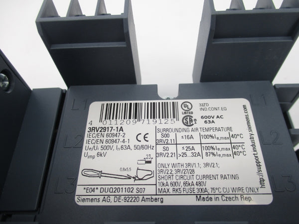 SIEMENS 3RV2917-1A 600VAC 63A NSMP