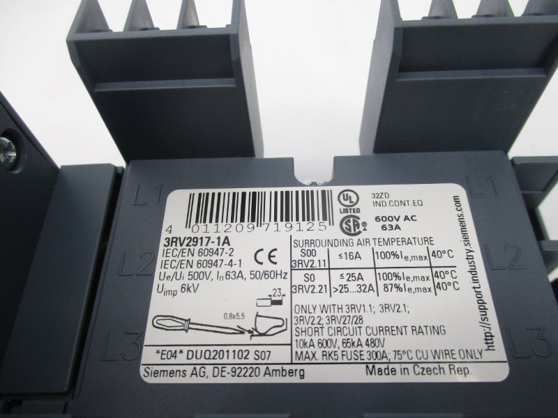 SIEMENS 3RV2917-1A 600VAC 63A NSMP