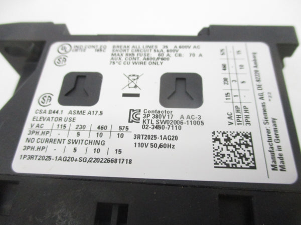 SIEMENS 3RT2025-1AG20 110V NSMP