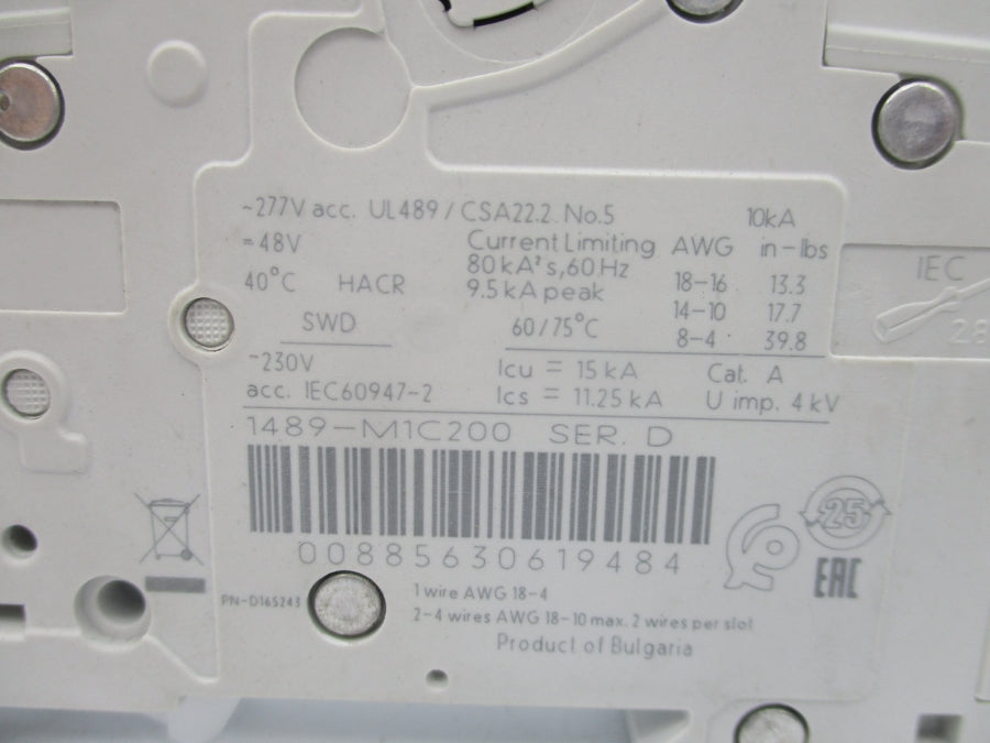 ALLEN BRADLEY 1489-M1C200 SER. D 277VAC 20A NSNP