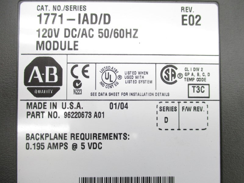 ALLEN BRADLEY 1771-IAD/D SER. D 120VAC/DC NSNP