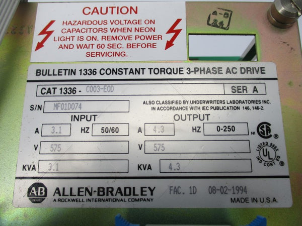 ALLEN BRADLEY 1336-C003-E0D SER. A 575V 3.1A UNMP