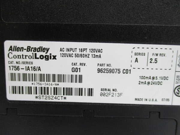 ALLEN BRADLEY 1756-IA16 SER. A F/W 2.5 120VAC (NO TERMINAL) NSMP