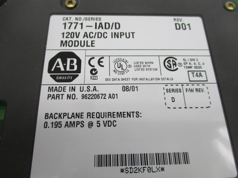 ALLEN BRADLEY 1771-IAD SER. D 120VAC/DC REV. D01 NSMP