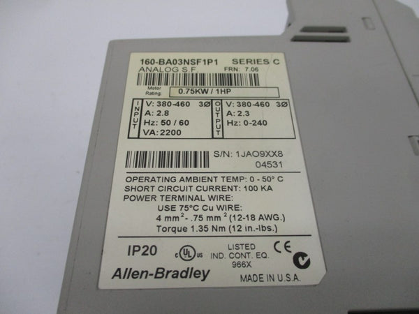 ALLEN BRADLEY 160-BA03NSF1P1 SER. C F/W 7.06 380-460V 2.8A UNMP