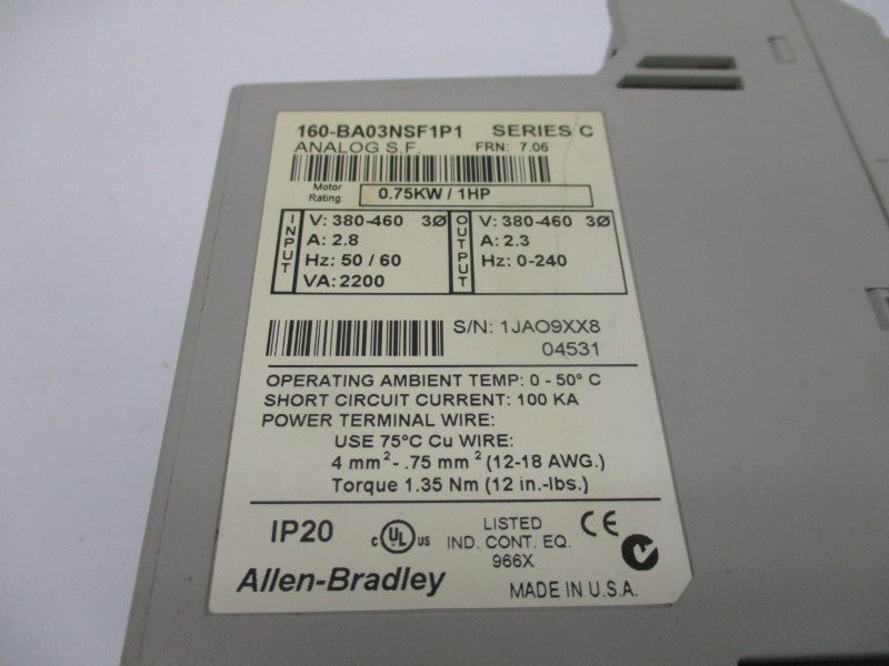 ALLEN BRADLEY 160-BA03NSF1P1 SER. C F/W 7.06 380-460V 2.8A UNMP