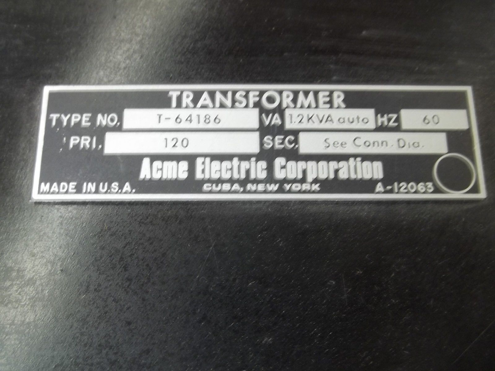 ACME ELECTRIC CORP. T-64186 TRANSFORMER NSNP