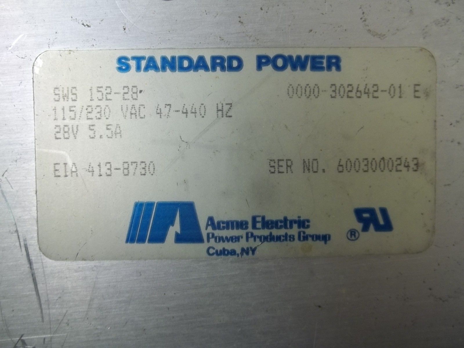 ACME ELECTRIC SWS152-28 STANDARD POWER SUPPLY 115/230 VAC UNMP