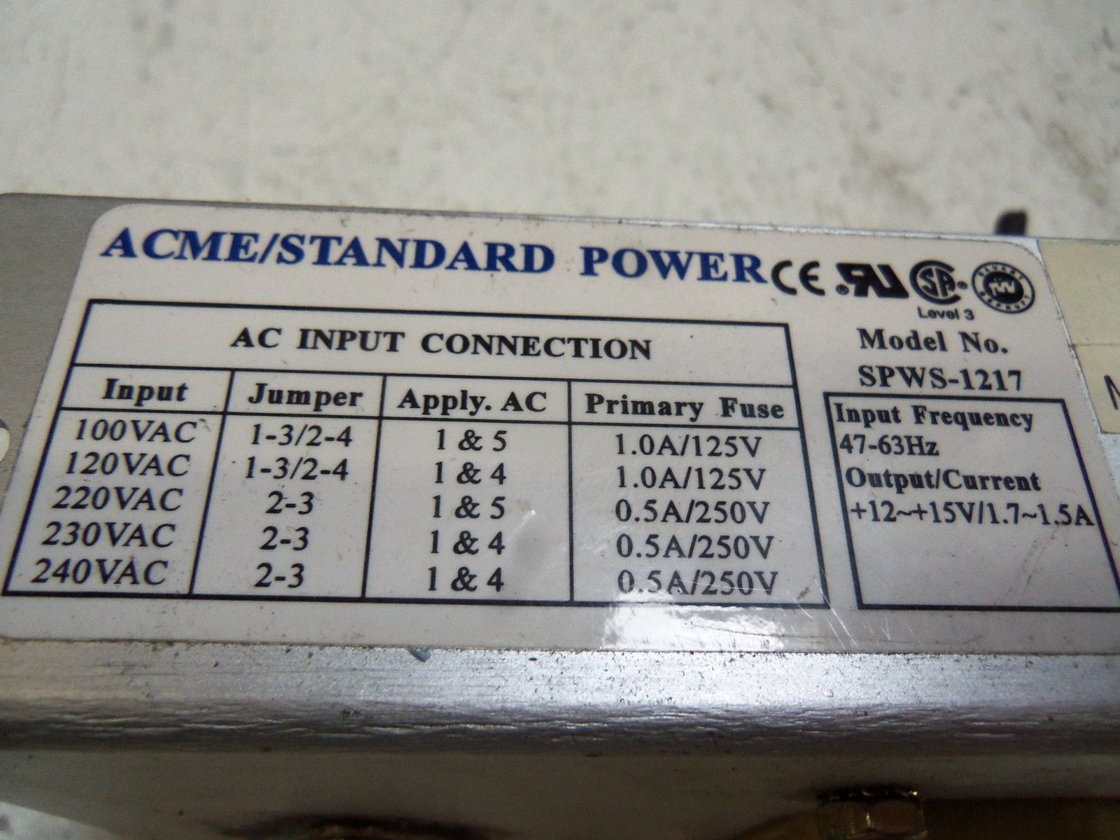 ACME SPWS-1217 POWER SUPPLY UNMP