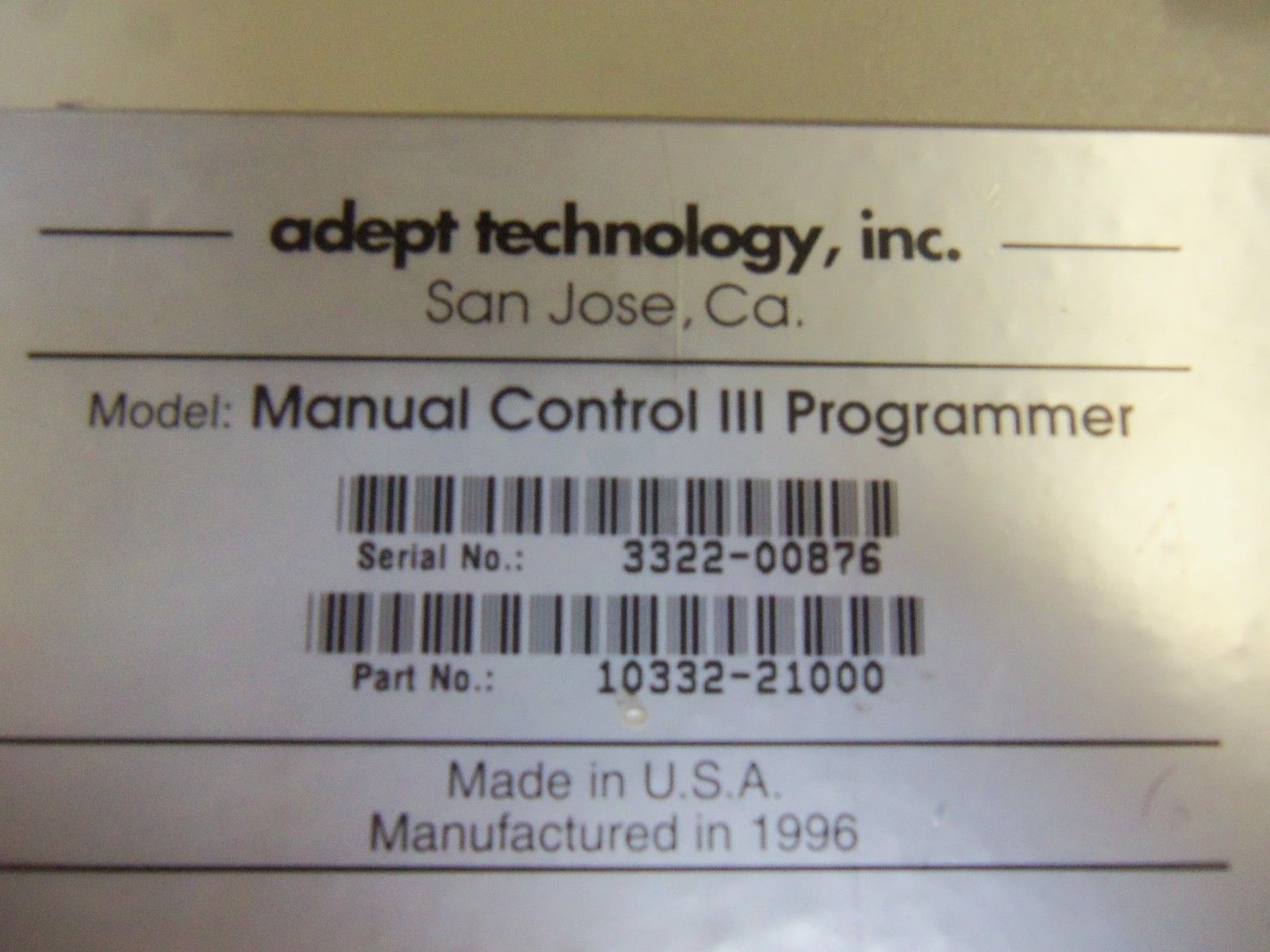 ADEPT TECHNOLOGY 10332-21000 PROGRAMMER FOR MANUAL CONTROL UNMP