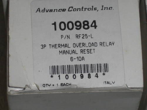ADVANCE CONTROLS RF25-L 100984 OVERLOAD RELAY 6-10A NSMP