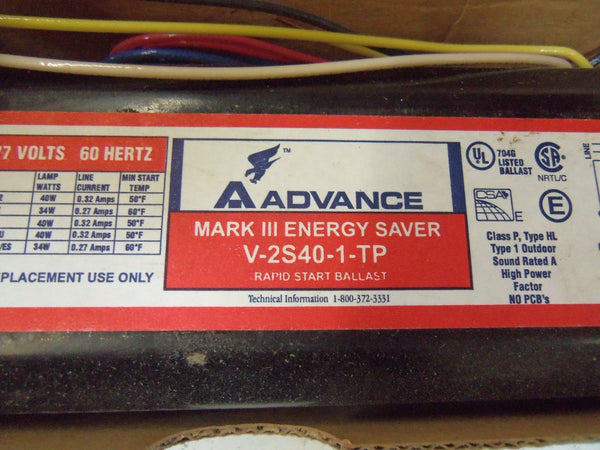 ADVANCE MARK III ENERGY SAVER V-2S40-1-TP RAPID START BALLAST  NSMP