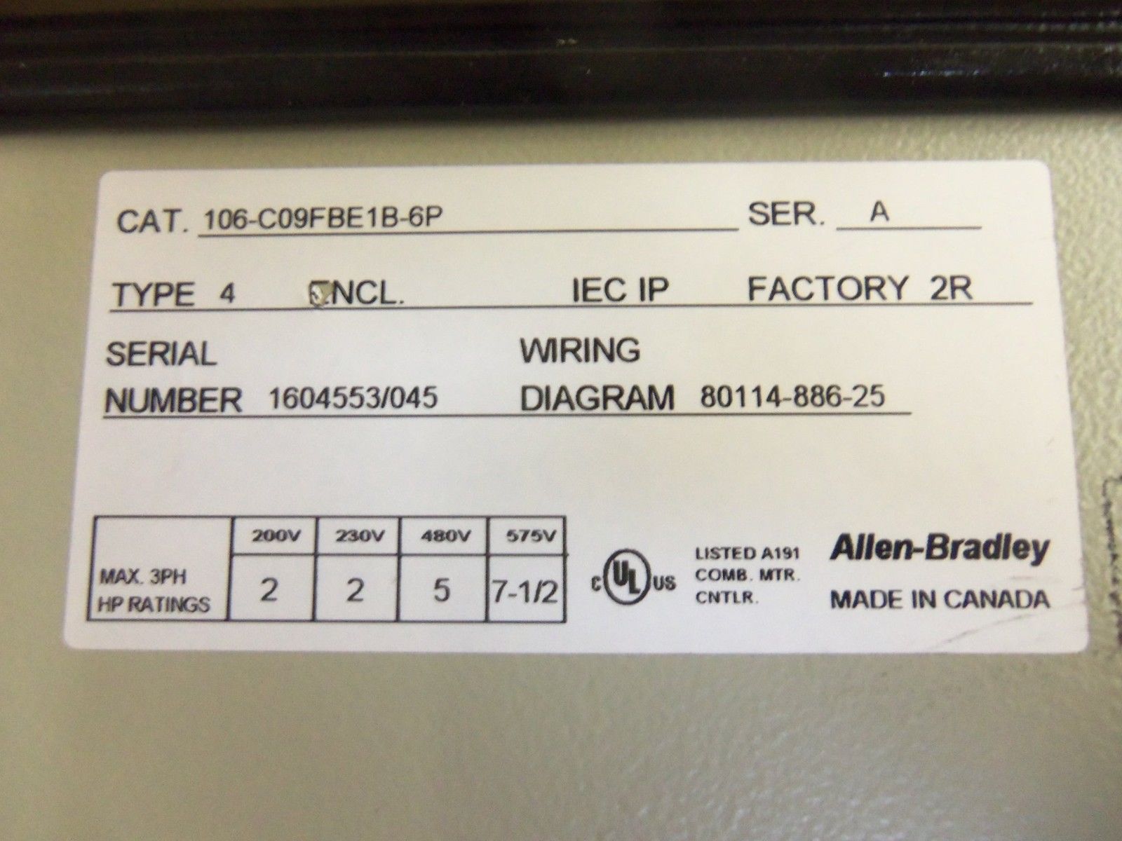 ALLEN BRADLEY 106-C09FBE1B-6P SER. A MOTOR CONTROLLER NSNP