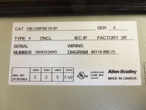 ALLEN BRADLEY 106-C09FBE1B-6P SER. A MOTOR CONTROLLER NSNP
