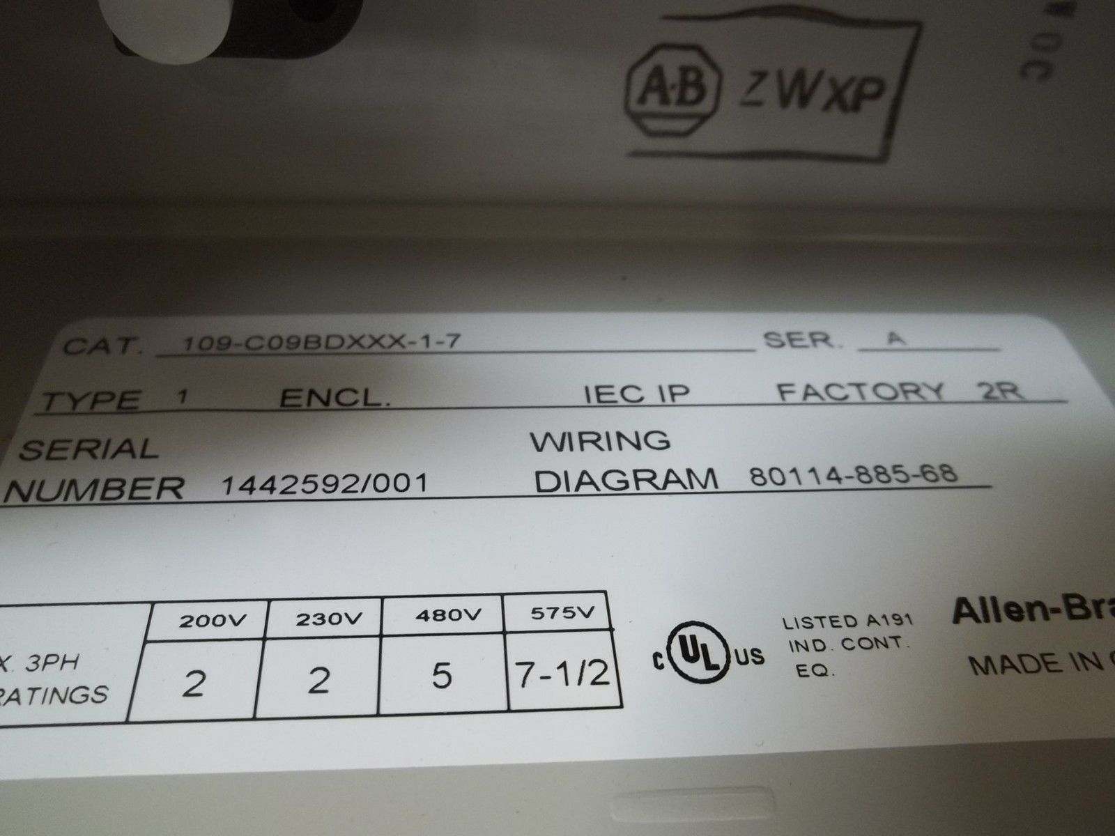 ALLEN BRADLEY 109-C09BDXXX1-7 SER. A STARTER NSMP