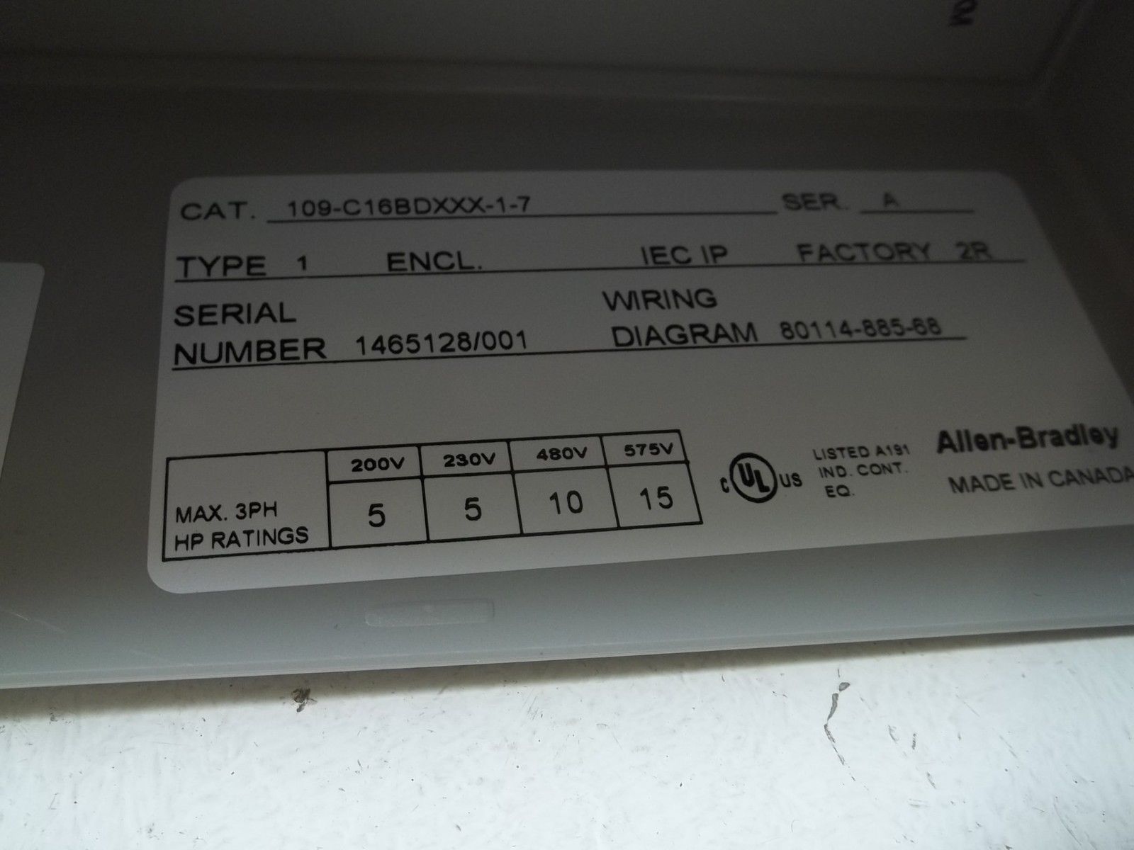 ALLEN BRADLEY 109-C16BDXXX1-7 SER. A STARTER NSMP