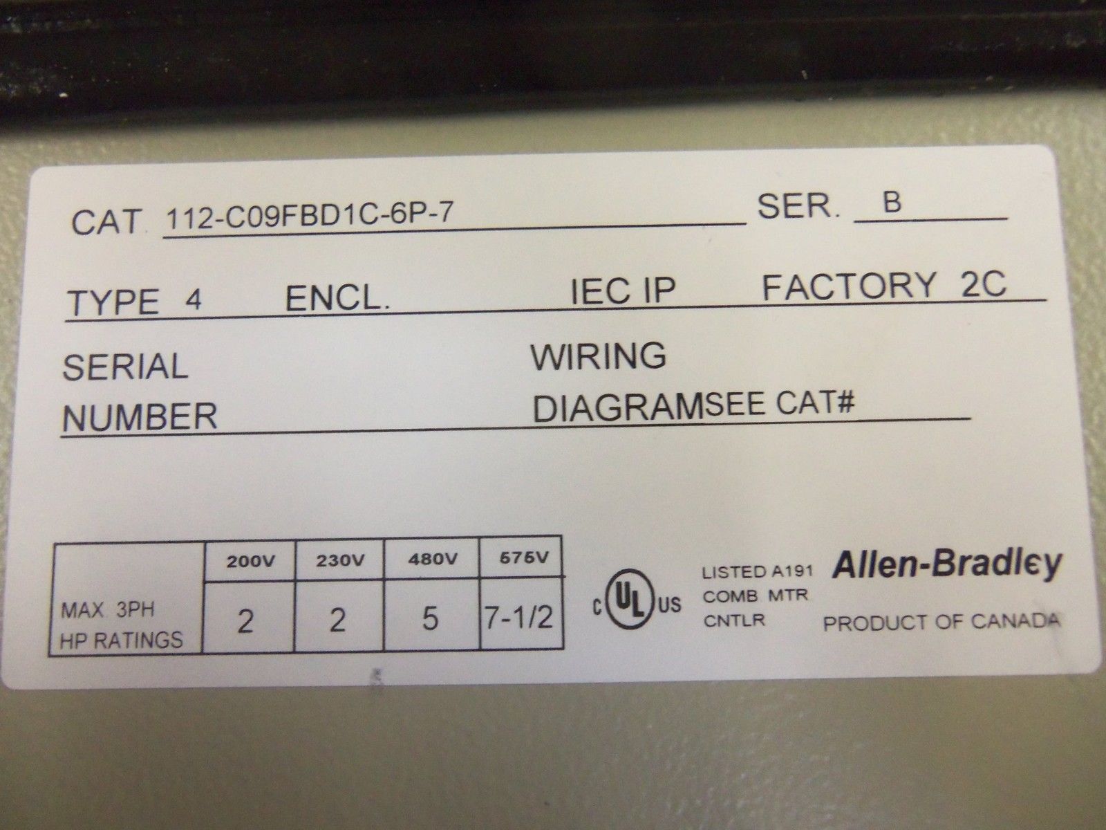 ALLEN BRADLEY 112-C09FBD1C-6P-7 SER. B MOTOR CONTROLLER NSMP