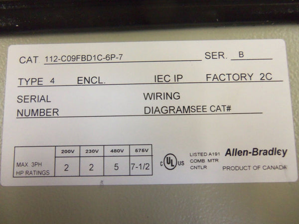 ALLEN BRADLEY 112-C09FBD1C-6P-7 SER. B MOTOR CONTROLLER NSMP