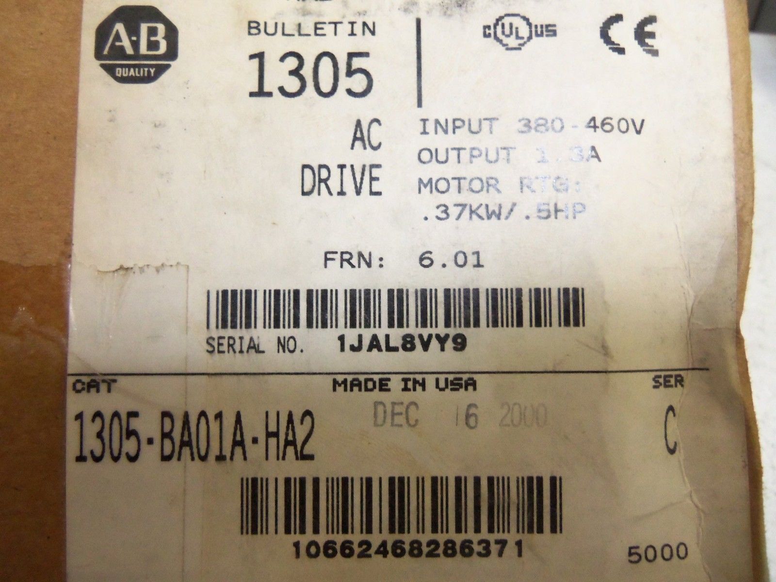 ALLEN BRADLEY 1305-BA01A-HA2 SER. C AC DRIVE (NO KEYPAD) NSMP