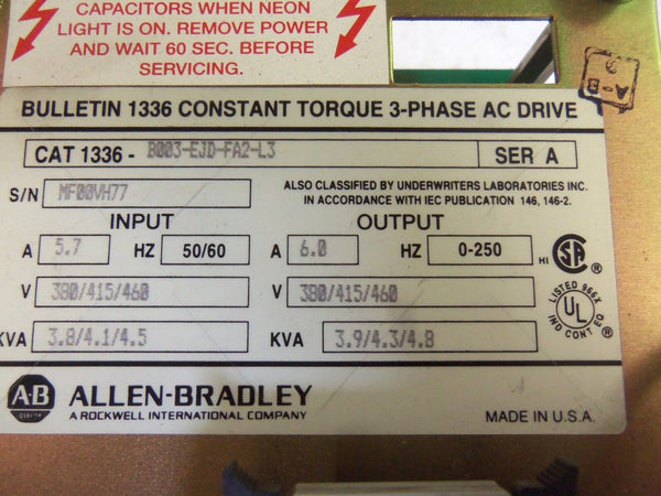 ALLEN BRADLEY 1336-BOO3-EJD-FA2-L3 SER. A AC DRIVE UNMP