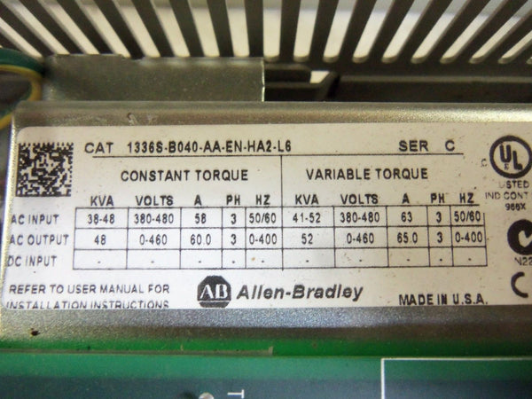 ALLEN BRADLEY 1336S-B040-AA-EN-HA2-L6 SER. C AC DRIVE UNMP