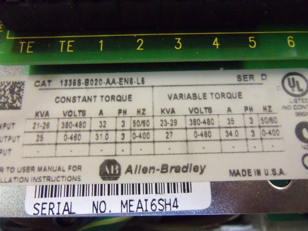 ALLEN BRADLEY 1336S-B020-AA-EN6-L6 SER. D AC DRIVE UNMP