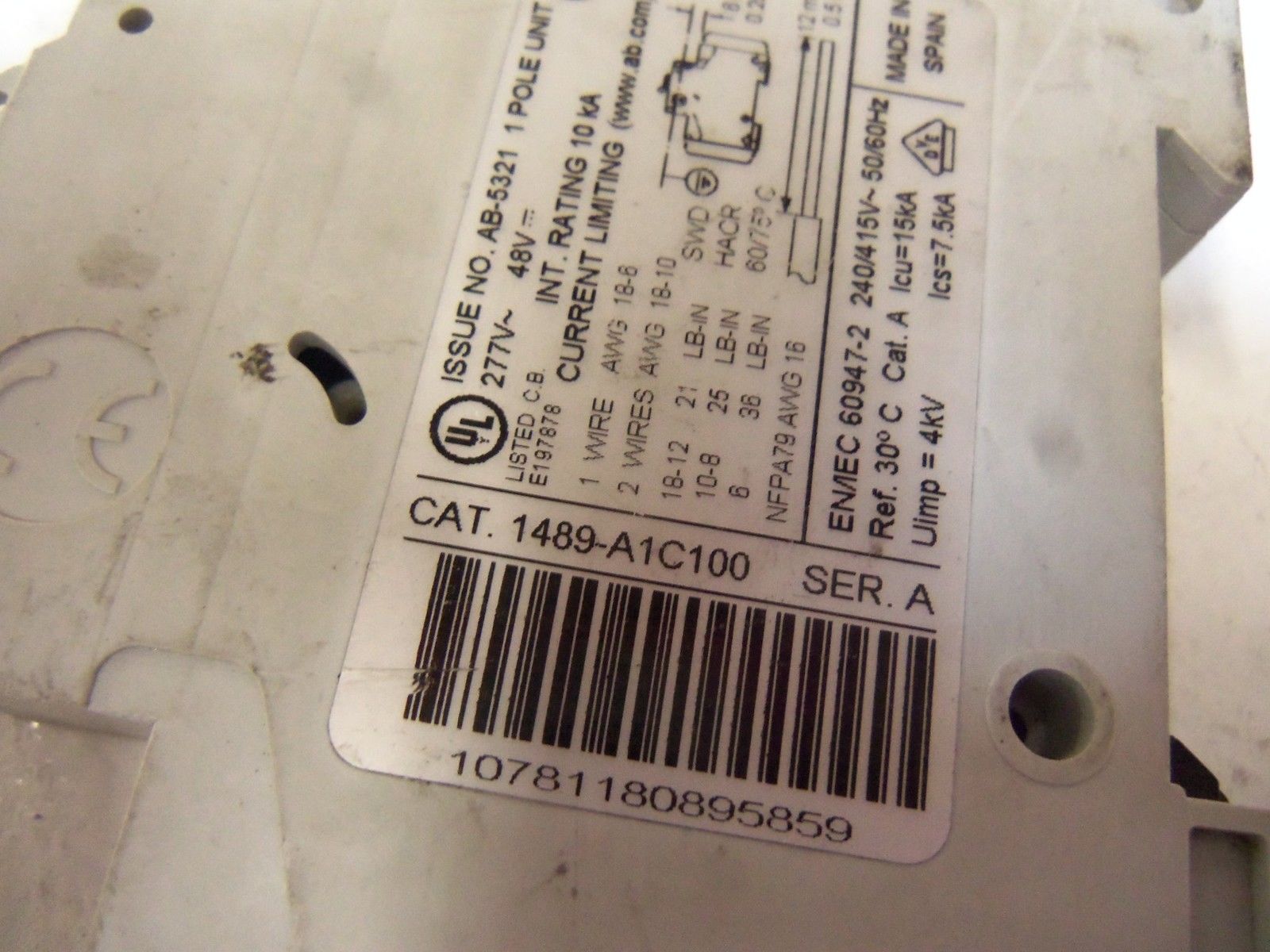 ALLEN BRADLEY 1489-A1C100 SER. A CIRCUIT BREAKER  UNMP
