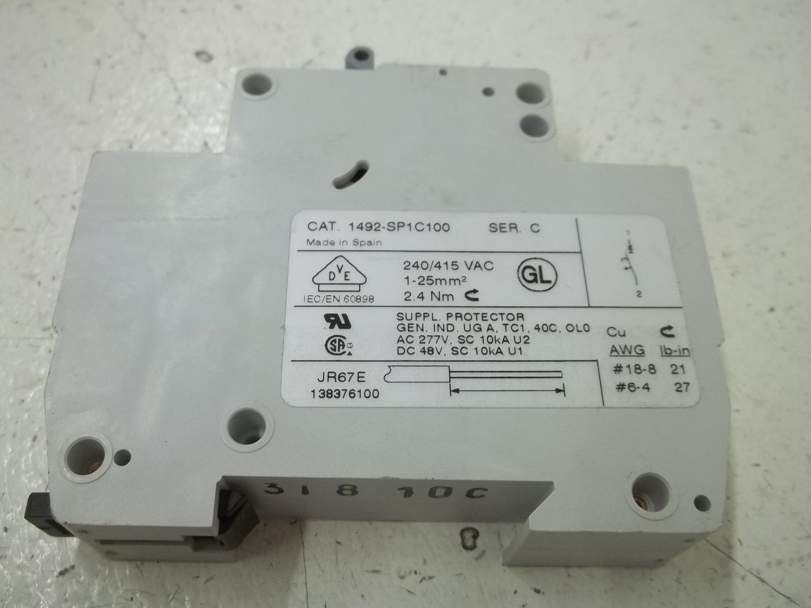 ALLEN BRADLEY 1492-SP1C100 SER. C CIRCUIT BREAKER 10A UNMP