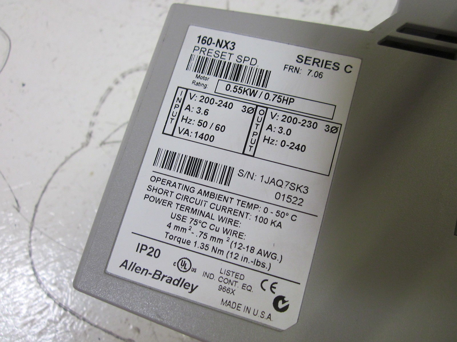 ALLEN BRADLEY 160-NX3 SER. C F/W 7.06 SPEED CONTROLLER (AS PICTURED) UNMP