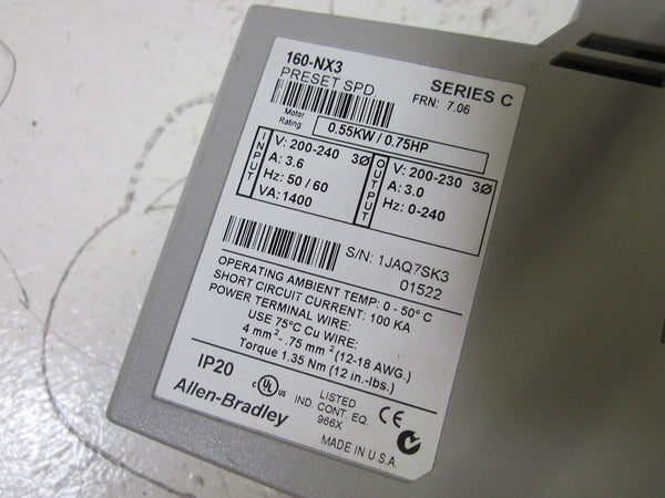 ALLEN BRADLEY 160-NX3 SER. C F/W 7.06 SPEED CONTROLLER (AS PICTURED) UNMP