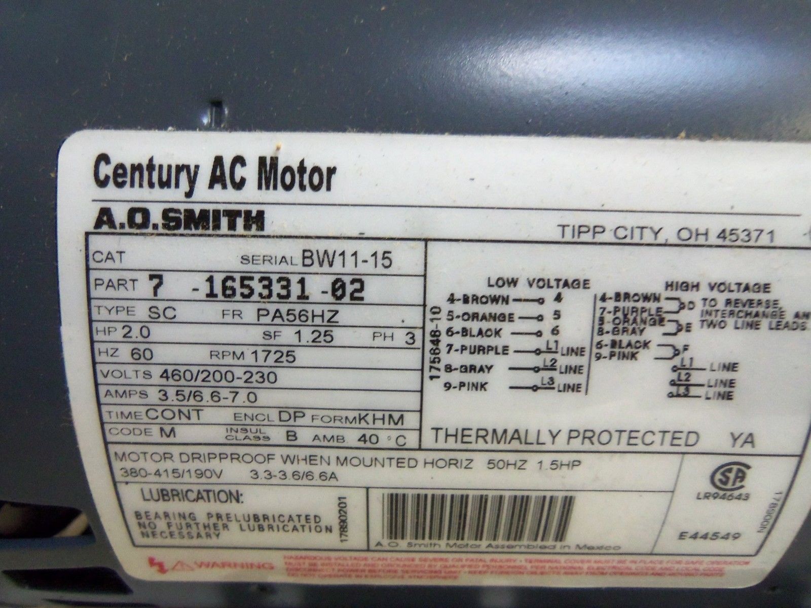 A.O. SMITH 7-165331-02 MOTOR UNMP