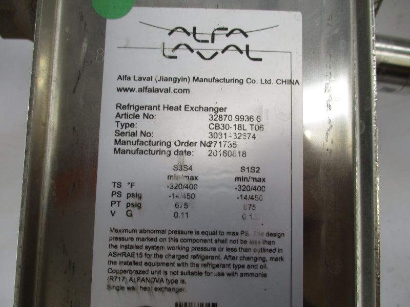 ALFA LAVAL 3287099366 CB30-18LT06 -14/450PSI UNMP