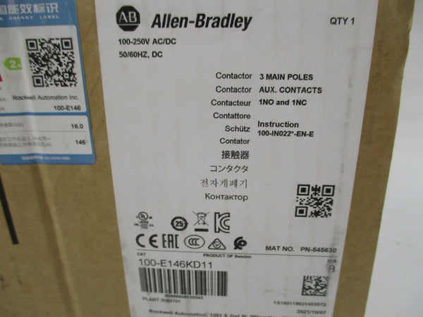 ALLEN BRADLEY 100-E146KD11 SER. B 100-250VAC/DC 225A (BR/WH) NSMP