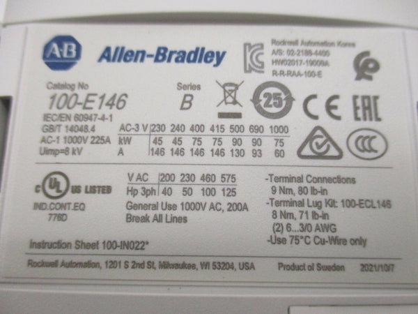 ALLEN BRADLEY 100-E146KD11 SER. B 100-250VAC/DC 225A (BR/WH) NSMP