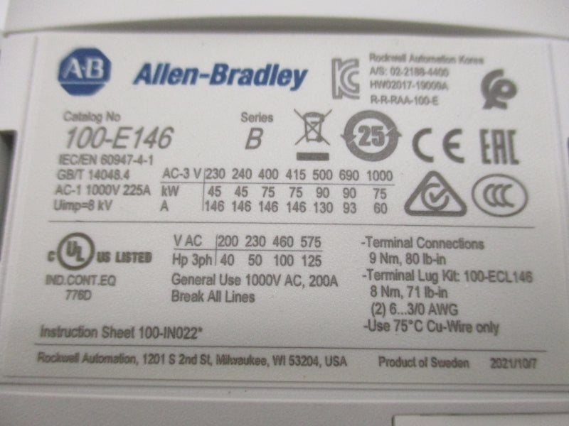 ALLEN BRADLEY 100-E146KD11 SER. B 100-250VAC/DC 225A (BR/WH) NSMP