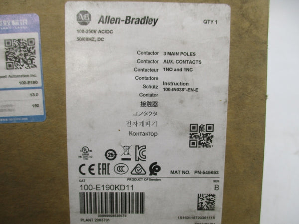 ALLEN BRADLEY 100-E190KD11 SER. B 100-250VDC 250A (BR/WH) NSMP