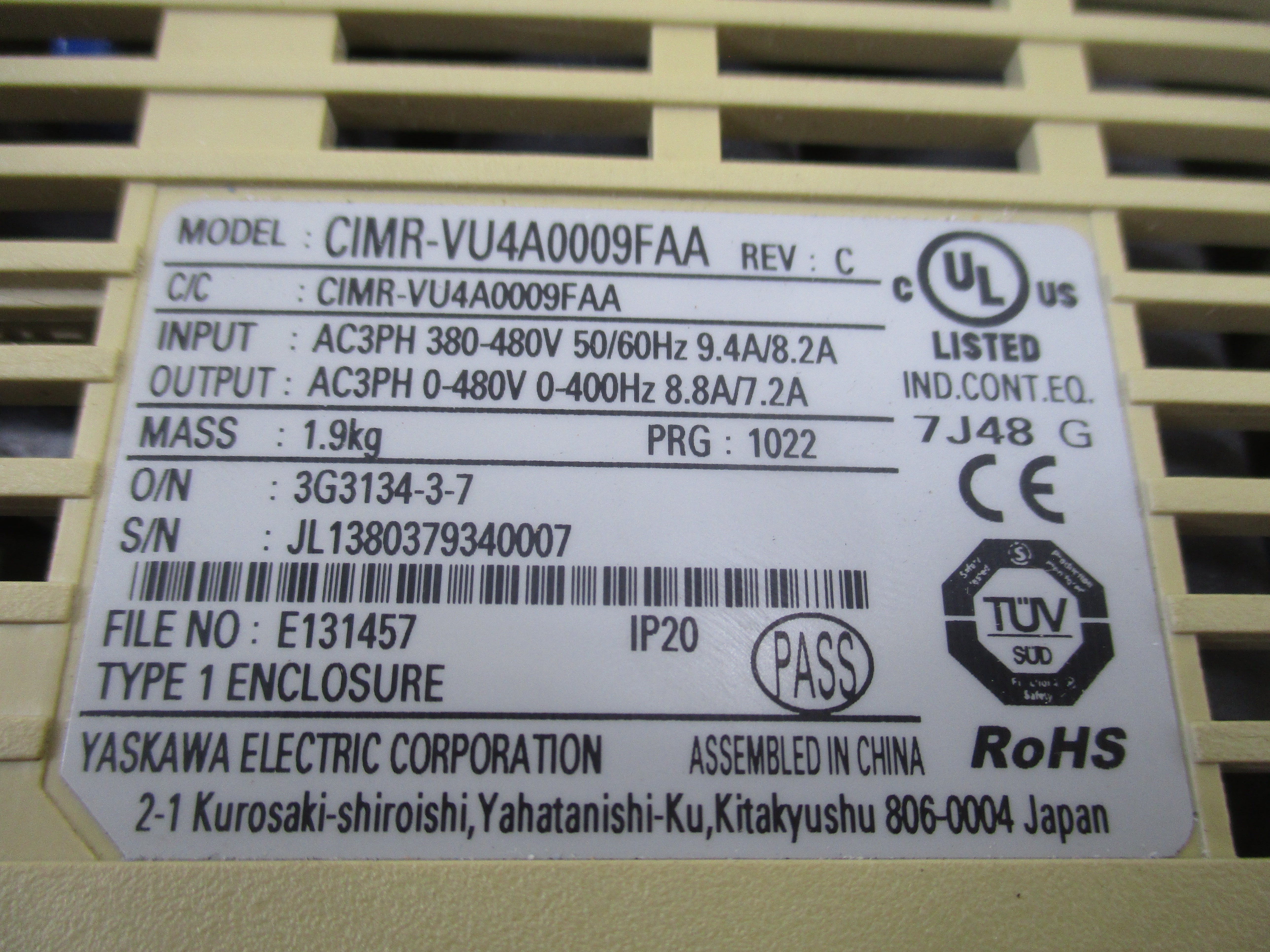YASKAWA CIMR-VU4A0009FAA 380-480V 9.4/8.2A UNMP