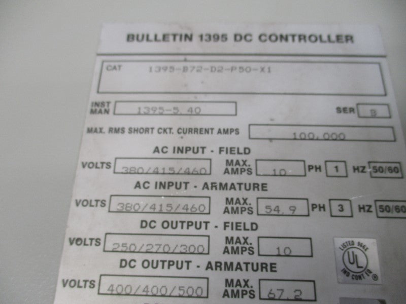 ALLEN BRADLEY 1395-B72-D2-P50-X1 SER. B 380/415/460V 54.9A UNMP