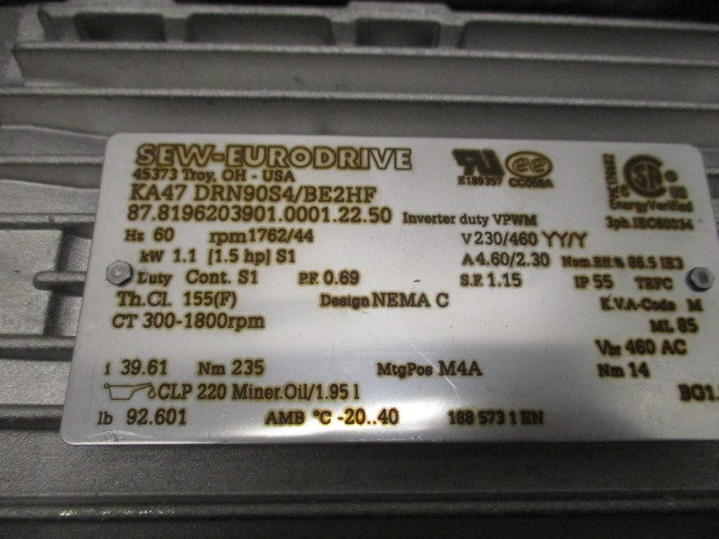 SEW-EURODRIVE KA47DRN90S4/BE2HF 230/460V 4.60/2.30A NSMP