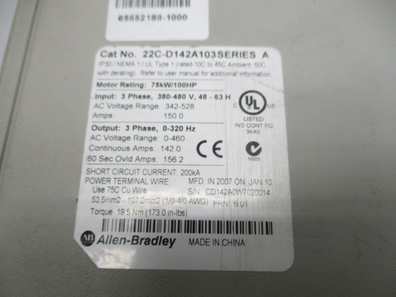 ALLEN BRADLEY 22C-D142A103 SER. A F/W 6.01 342-528VAC 150A UNMP