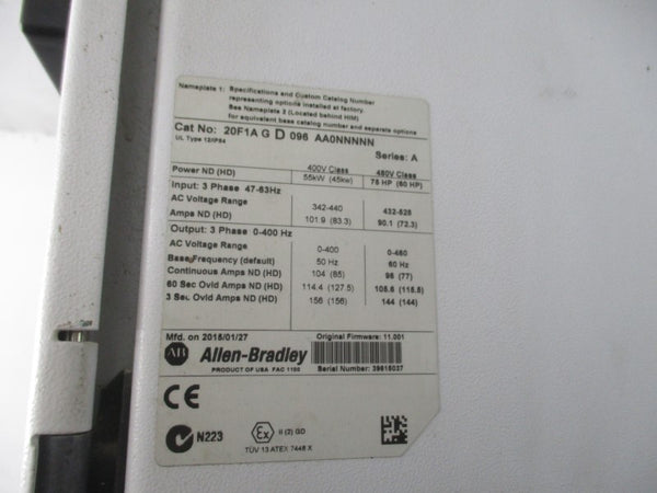 ALLEN BRADLEY 20F1AGD096AA0NNNNN SER. A F/W 11.001 432-528VAC 90.1A (AS PICTURE) UNMP