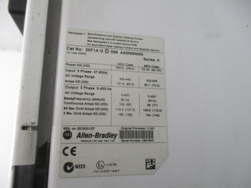 ALLEN BRADLEY 20F1AGD096AA0NNNNN SER. A F/W 11.001 432-528VAC 90.1A (AS PICTURE) UNMP