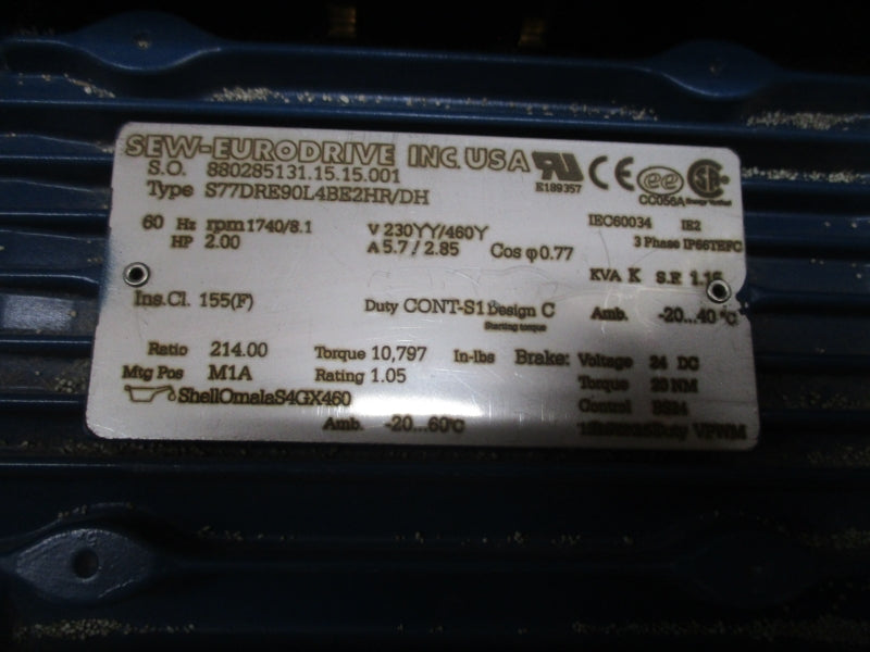 SEW-EURODRIVE S77DRE90L4BE2HR/DH 230/460V 5.7/2.85A NSMP