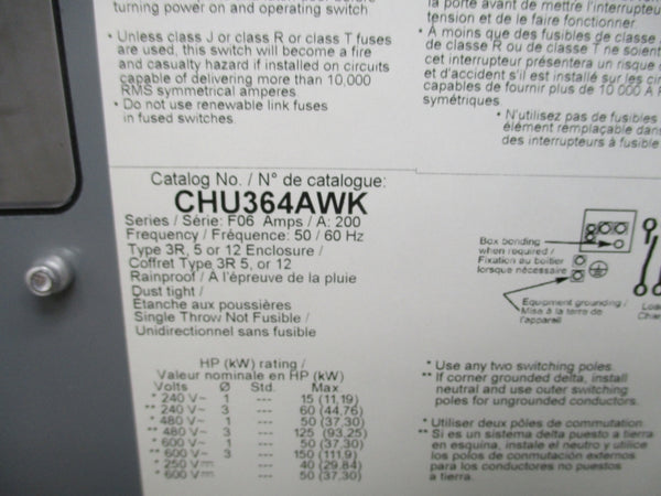 SQUARE D CHU364AWK SER. F06 600V 200A NSMP