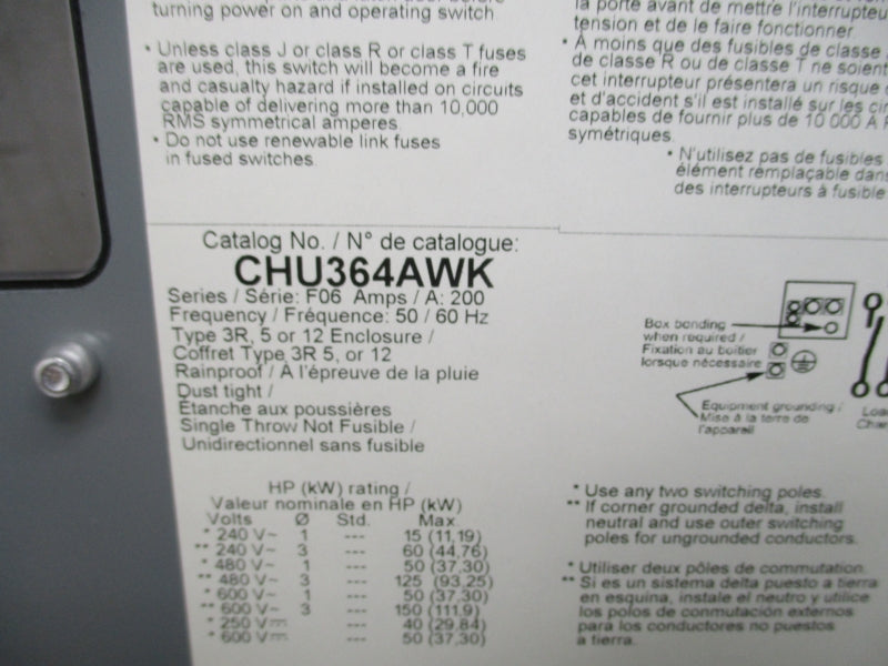 SQUARE D CHU364AWK SER. F06 600V 200A NSMP