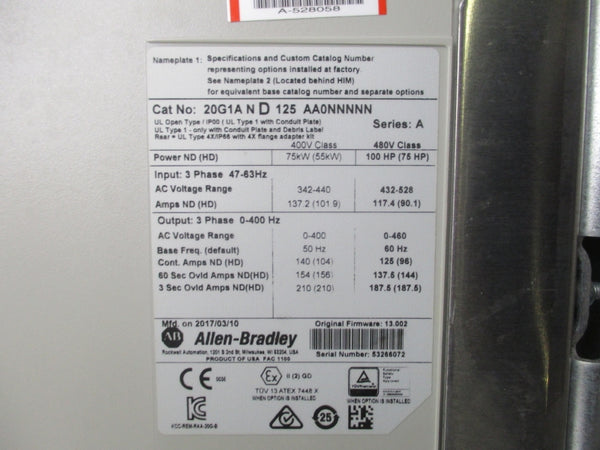 ALLEN BRADLEY 20G1AND125AA0NNNNN SER. A F/W 13.002 432-528VAC 117.4A UNMP